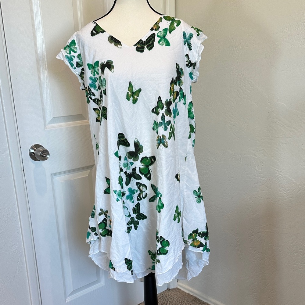 Chic White Dress with Green Butterfly Print-100% cotton